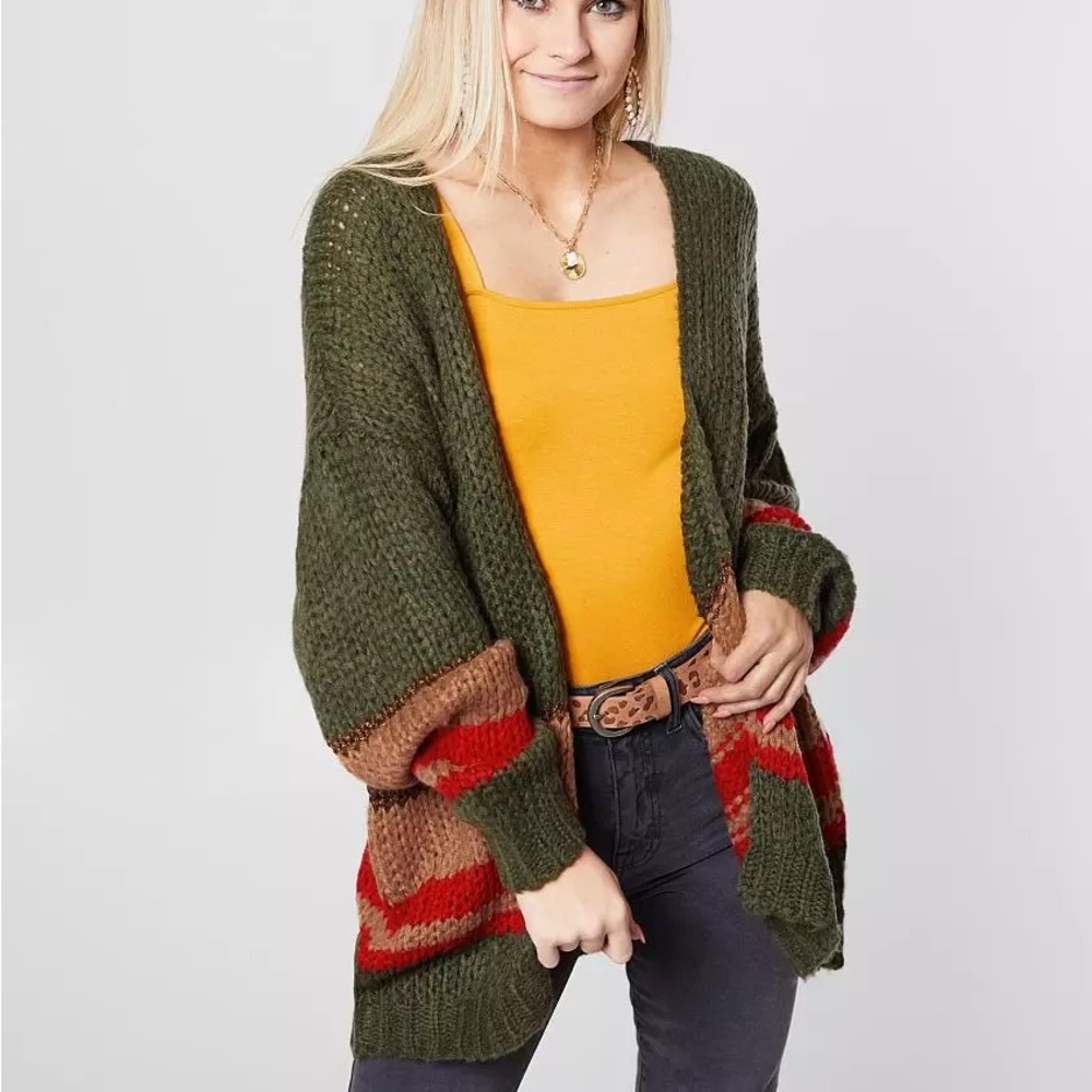 Gilded Intent Olive and Red Striped Cardigan